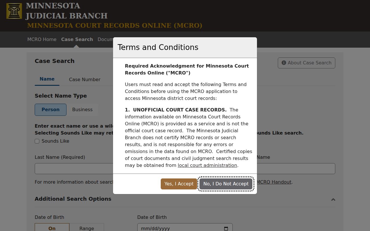 Kandiyohi criminal docket MCRO case search interface