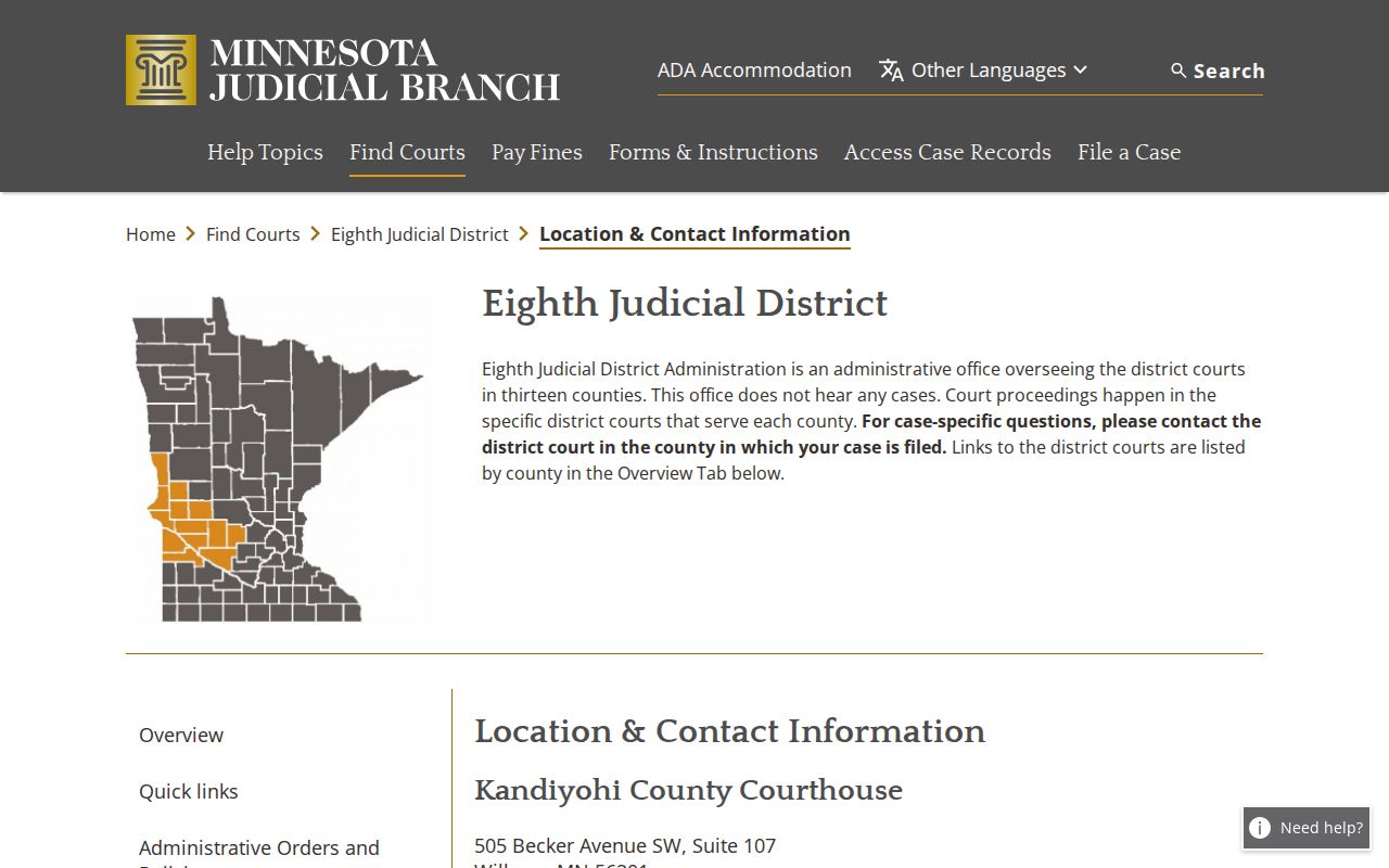 Kandiyohi County court docket Eighth Judicial District contact information