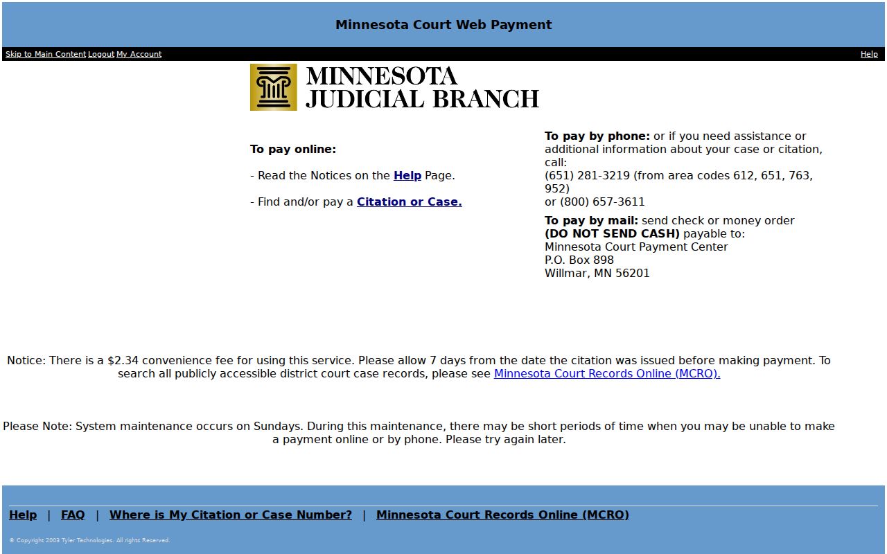 Kandiyohi County traffic court records Minnesota Court WebPay screen