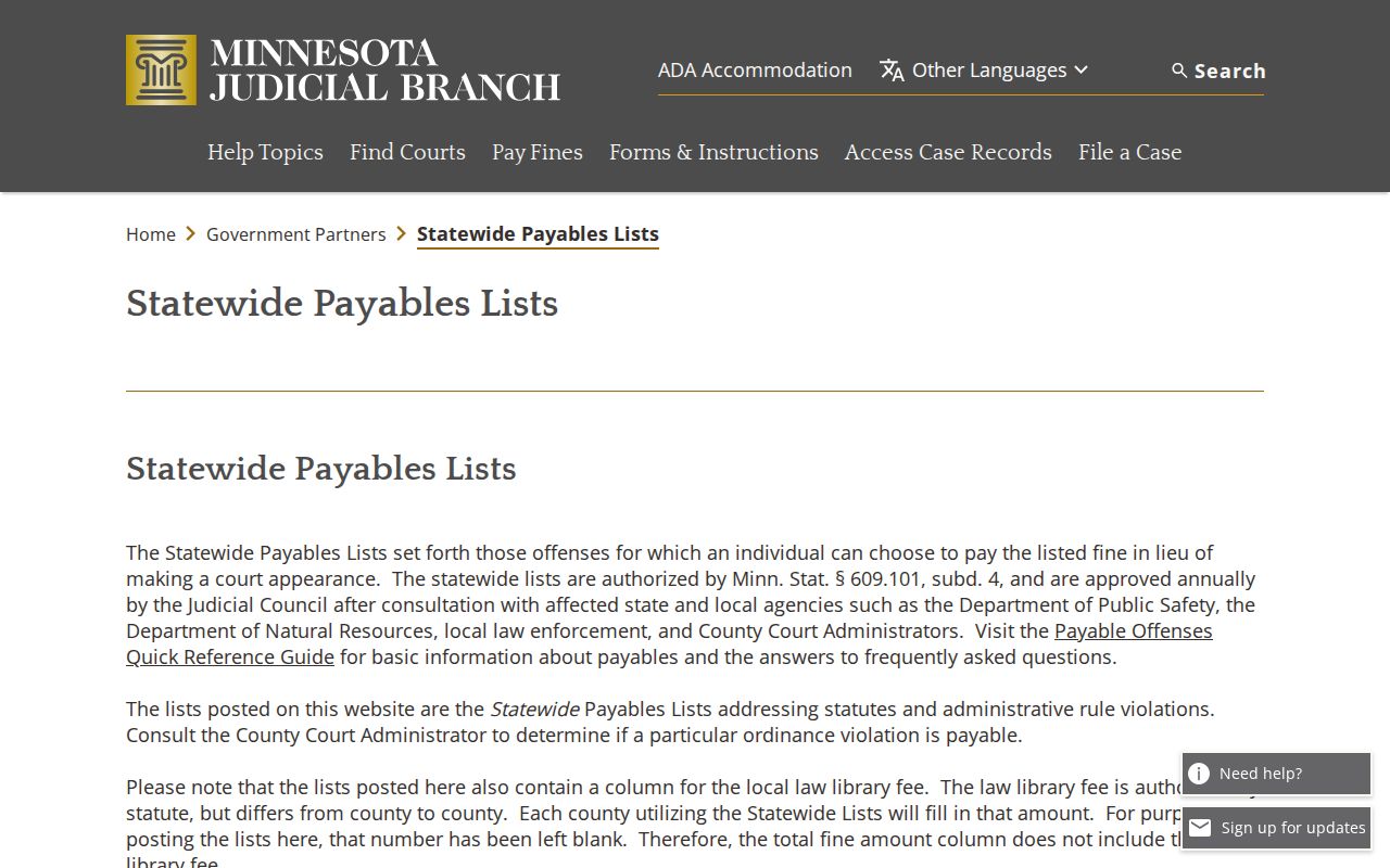 Kandiyohi County traffic court records statewide payable offense list