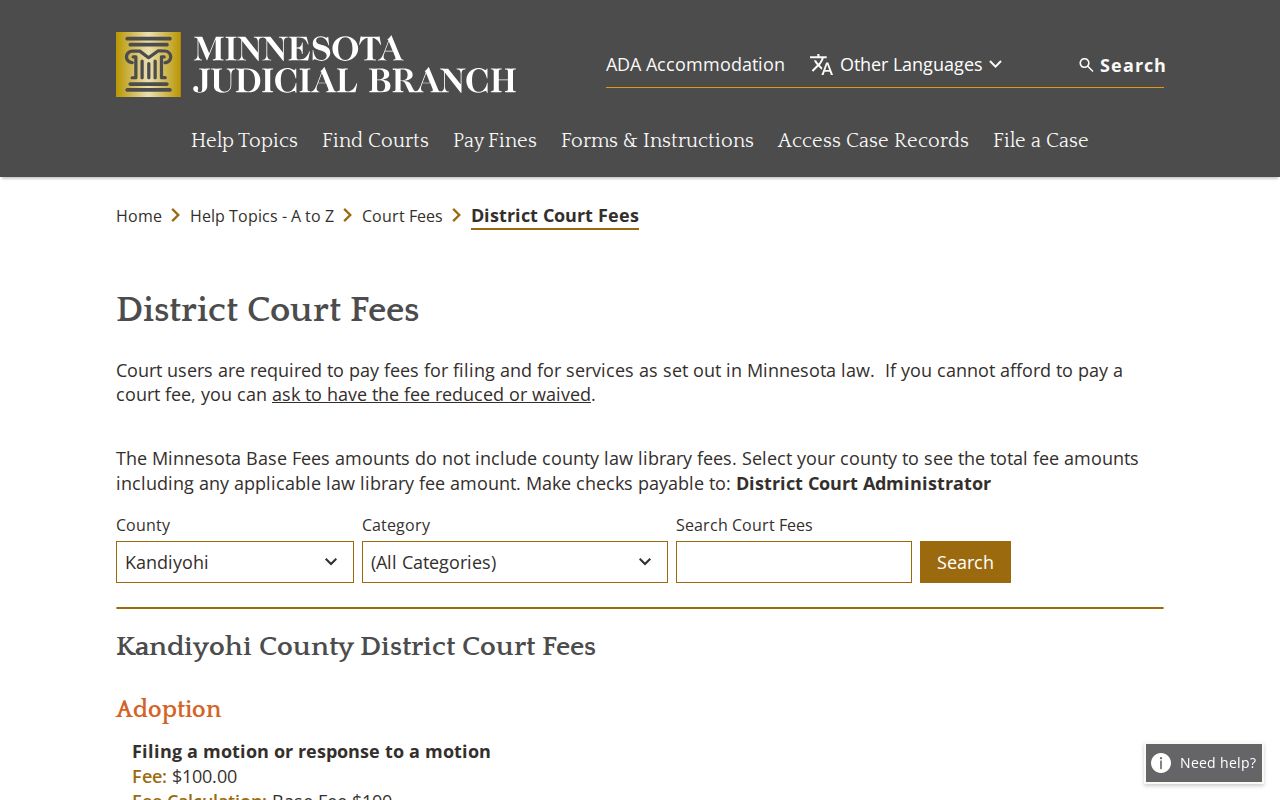 Willmar court docket and Kandiyohi court copy fee records
